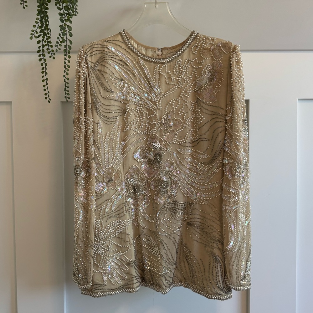4/$20 - Elegant Destinee Champagne Silk Beaded Women's Long Sleeve Top (small 6)